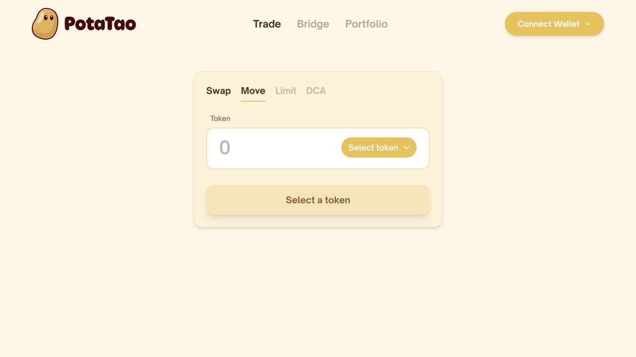 PotaTao Move interface before connecting a wallet and selecting a subnet position.