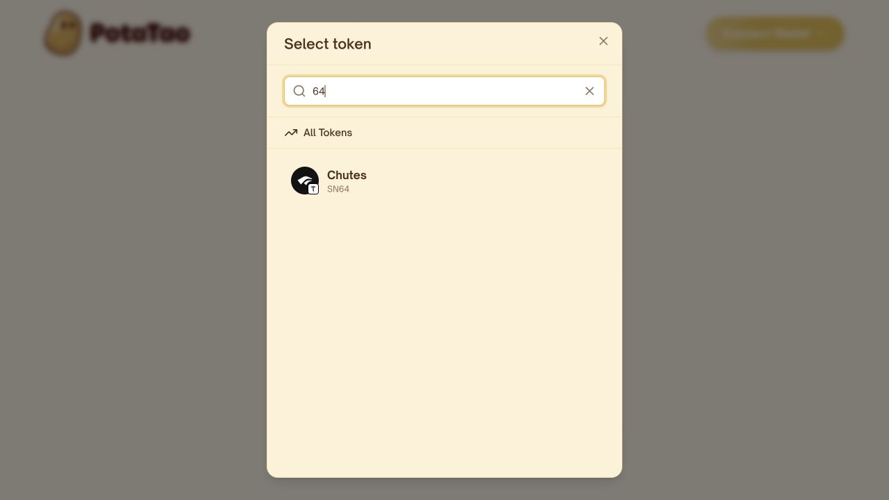PotaTao token selector searching for subnet 64 and showing the Chutes subnet token