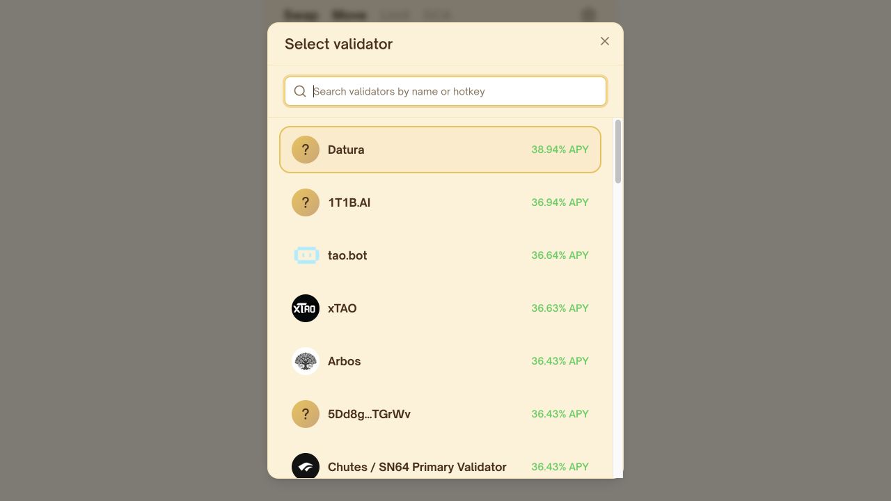 PotaTao validator selector showing validator names and current displayed APY estimates