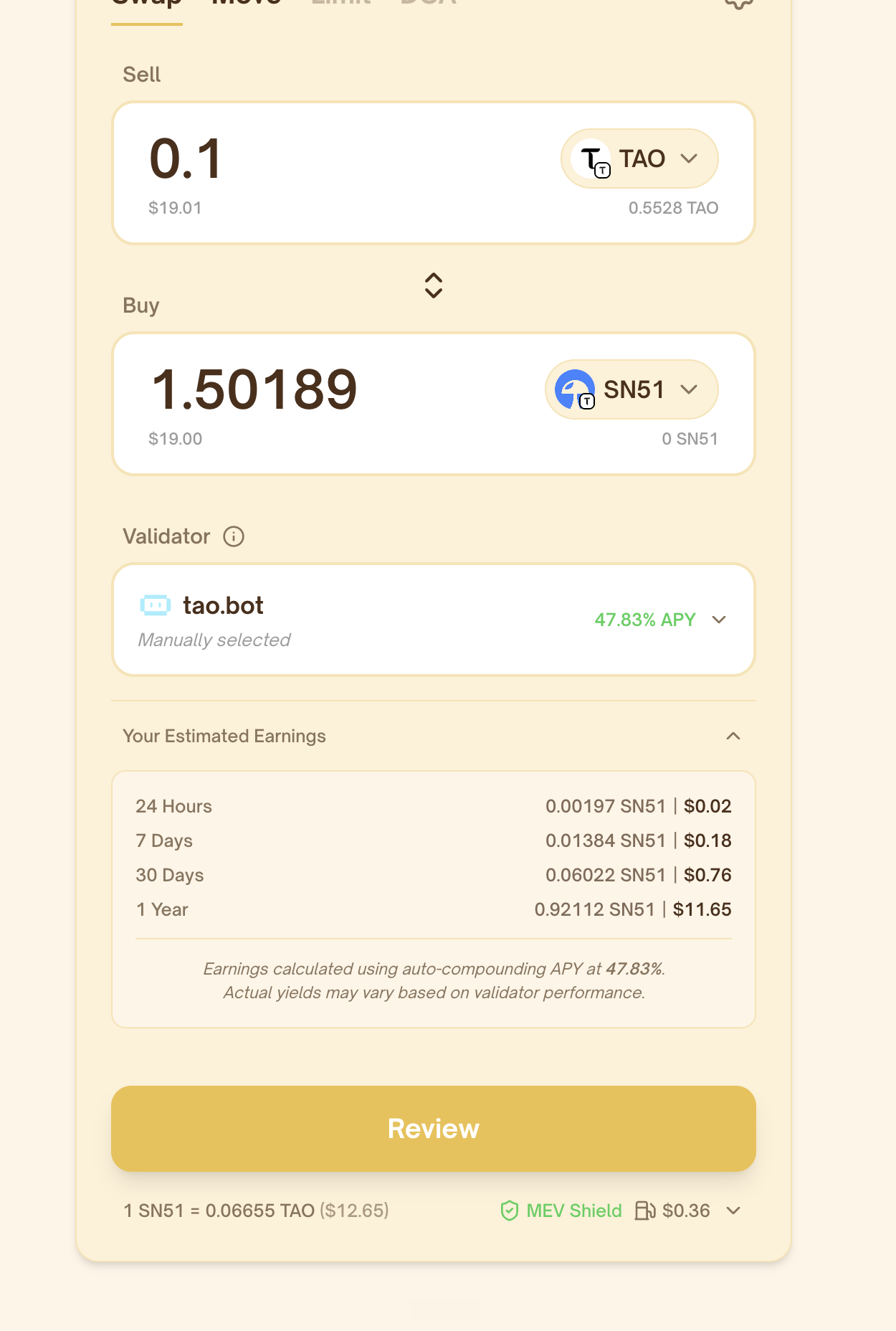 PotaTao swap quote with tao.bot selected and estimated earnings expanded.