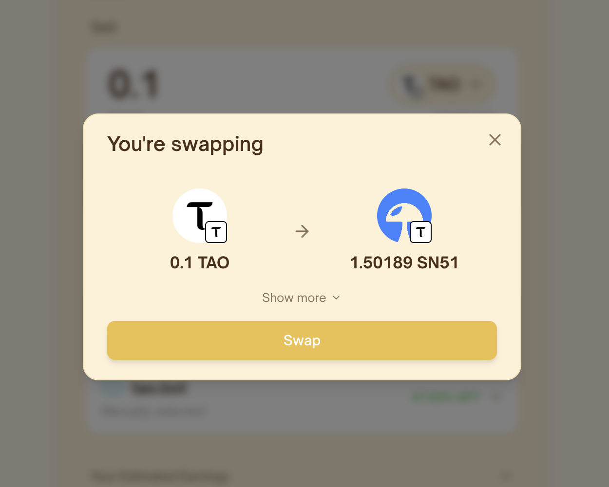 Swap review modal showing 0.1 TAO exchanged for 1.50189 SN51 before confirmation.