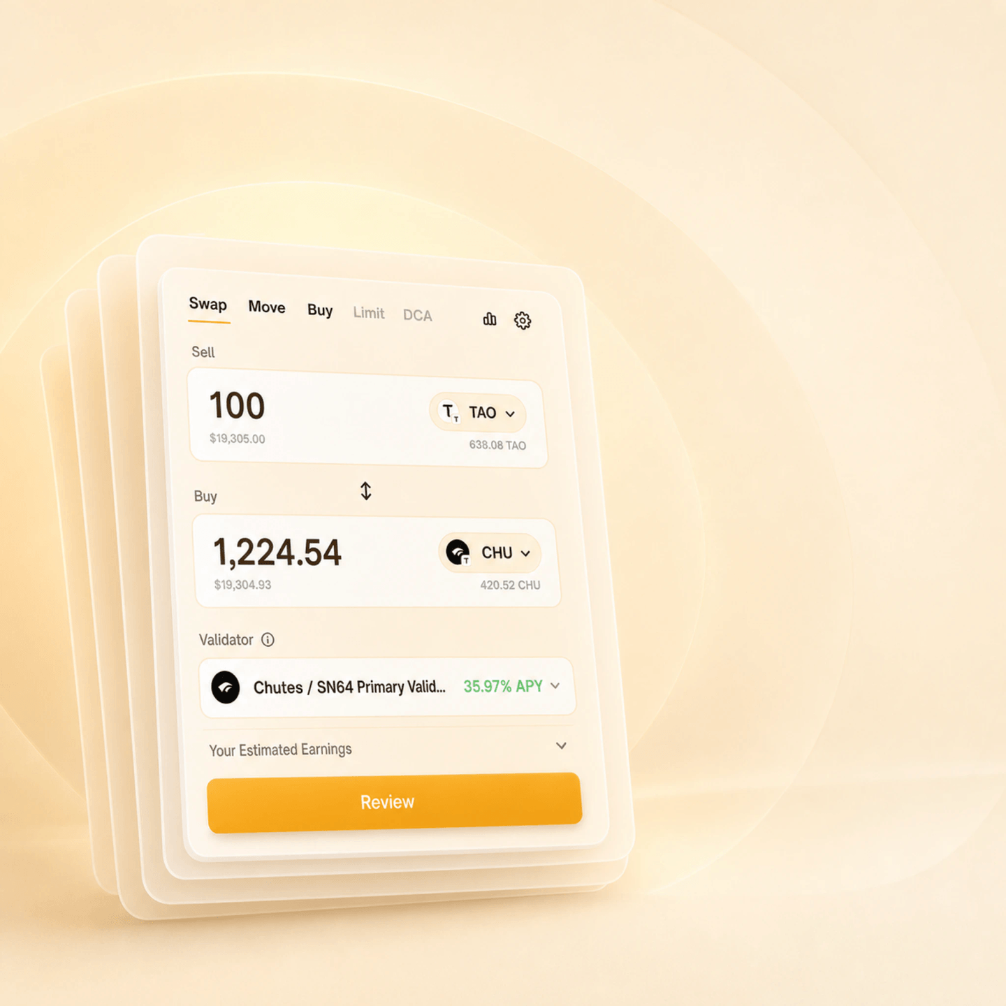 The PotaTao swap card, stacked in layers on a warm cream ground