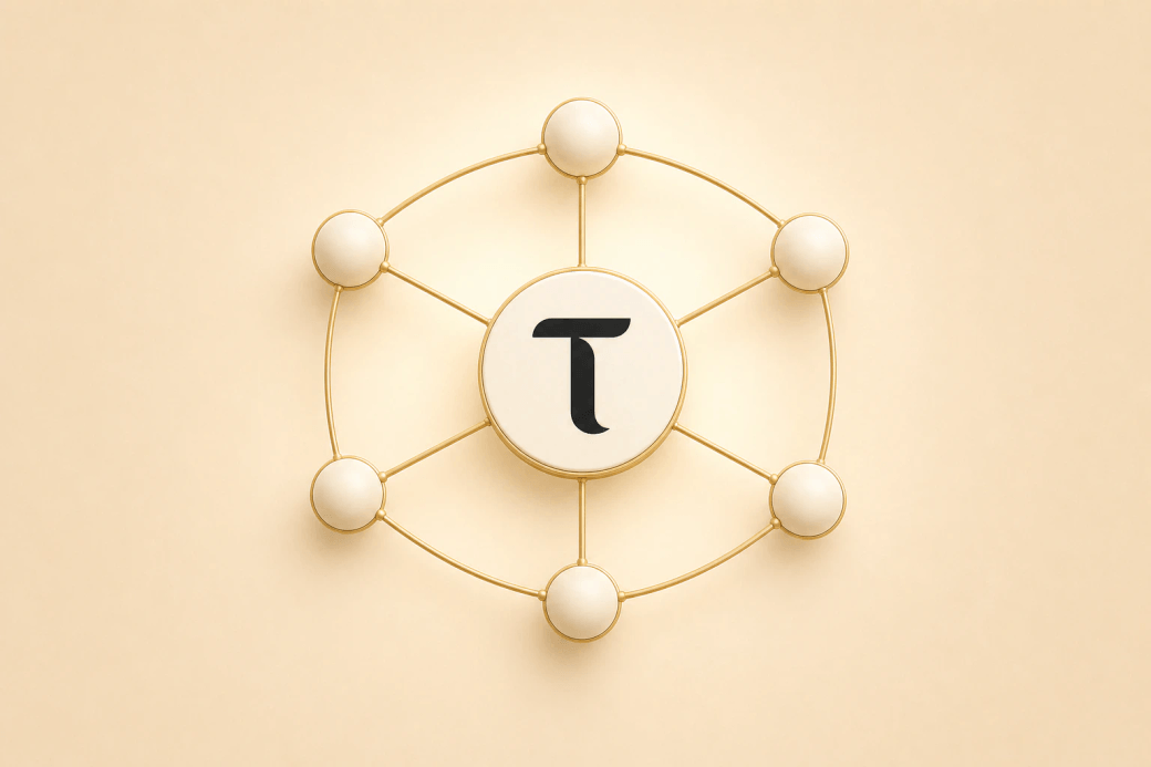Connected network nodes arranged around the Bittensor symbol