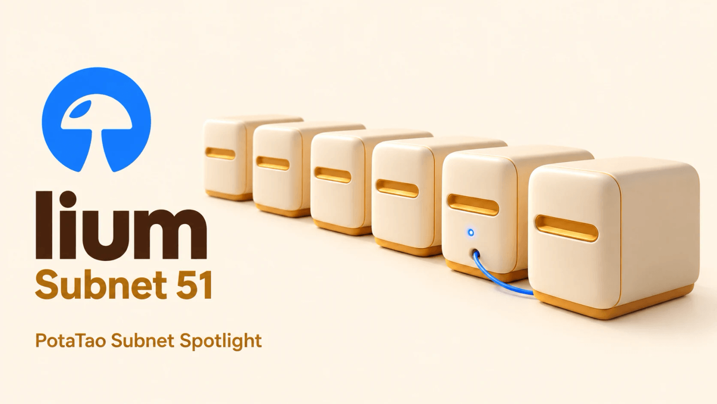Lium logo with Subnet 51 beside a row of cream compute units, labelled PotaTao Subnet Spotlight