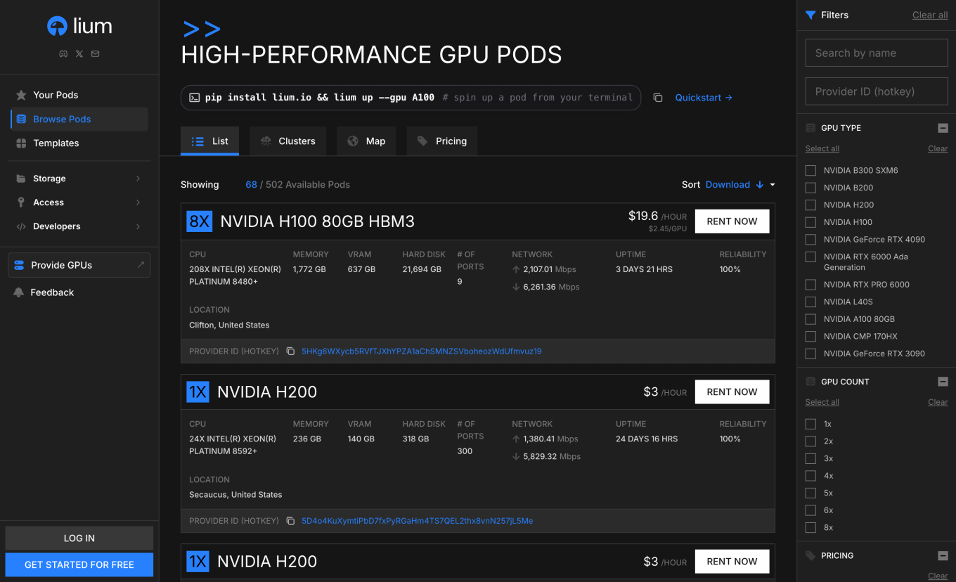 Lium public marketplace showing GPU listings, hourly prices, specifications, and filters