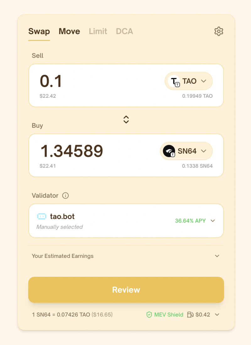 PotaTao swap form with TAO selected to sell and Chutes Alpha selected to buy