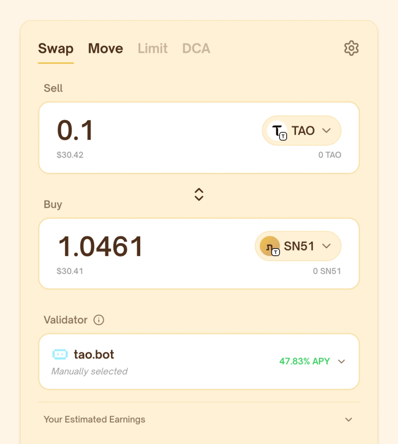 PotaTao swap form with 0.1 TAO selling for about 1.05 SN51 and the tao.bot validator selected
