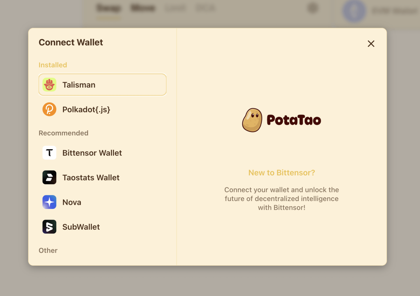 PotaTao Connect Wallet modal listing installed and recommended Bittensor wallets.
