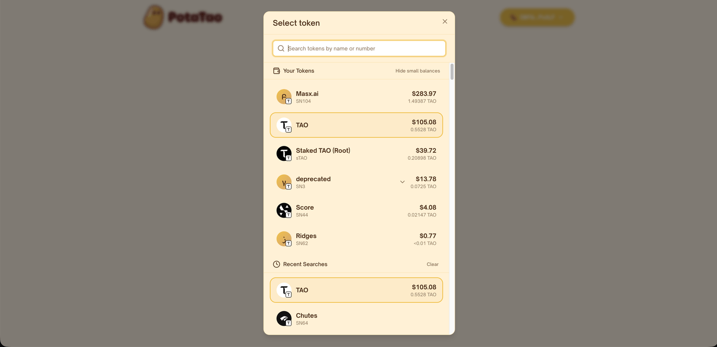 Select token modal showing the search field, wallet balances, and subnet token results.