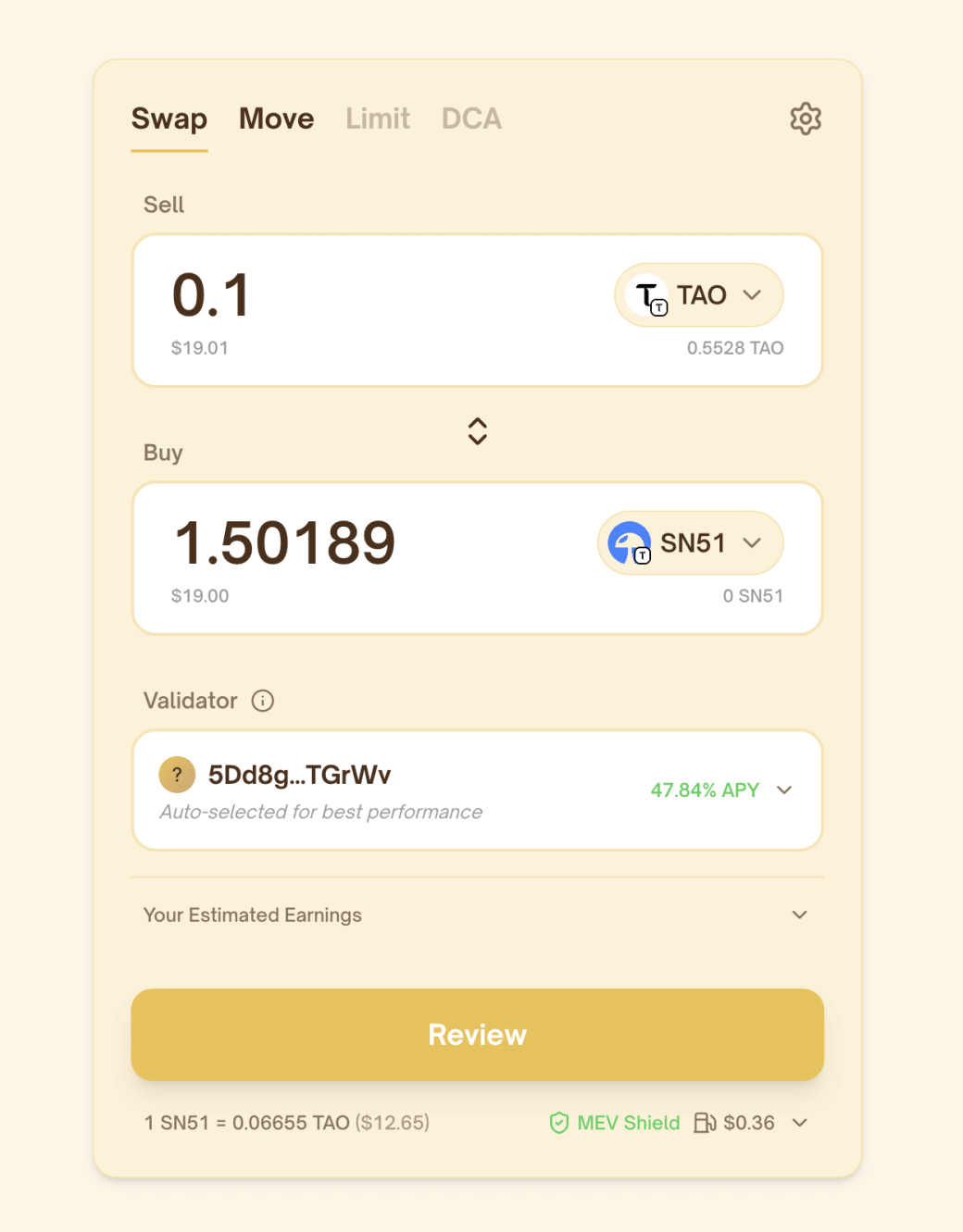 PotaTao showing 0.1 TAO quoted for 1.50189 SN51 with an automatically selected validator